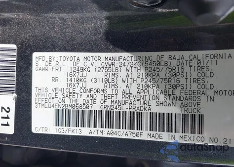 2011 Toyota Tacoma Base V6 из США, поврежденный, VIN 3TMLU4EN2BM068507